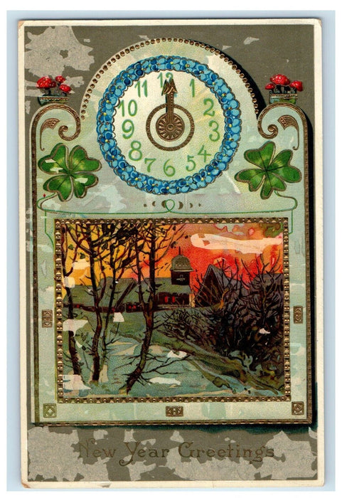 1910 New Year Greetings Clock Shamrock Gel Gold Gilt Embossed Antique Postcard