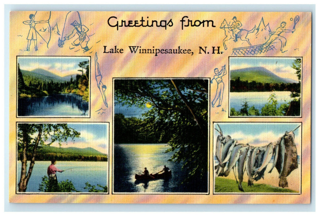 c1930s Multiview, Greetings From Lake Winnipesaukee, New Hampshire NH Postcard