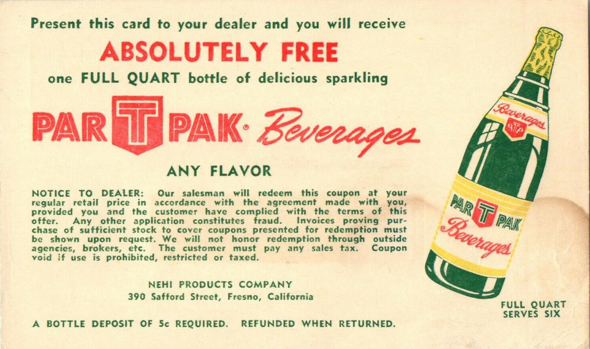 c1950s Nehi Products Company, Fresno California CA Advertising Postcard