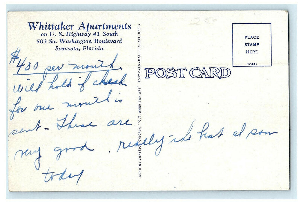c1930s Whittaker Apartments, Sarasota Florida FL Advertising Posted Postcard