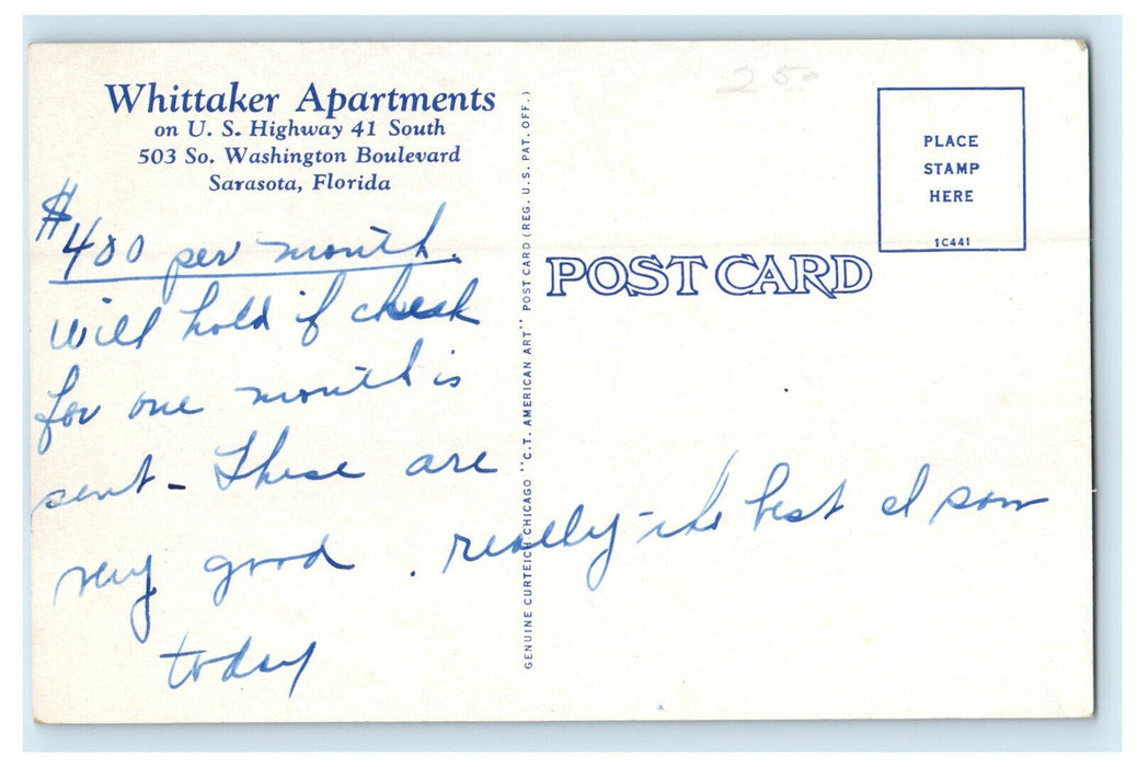 c1930s Whittaker Apartments, Sarasota Florida FL Advertising Posted Postcard