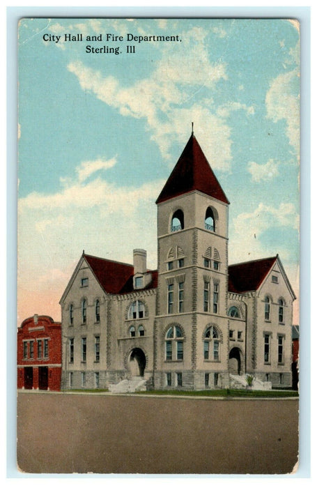 City Hall and Fire Department Sterling Illinois c1910 Vintage Antique Postcard