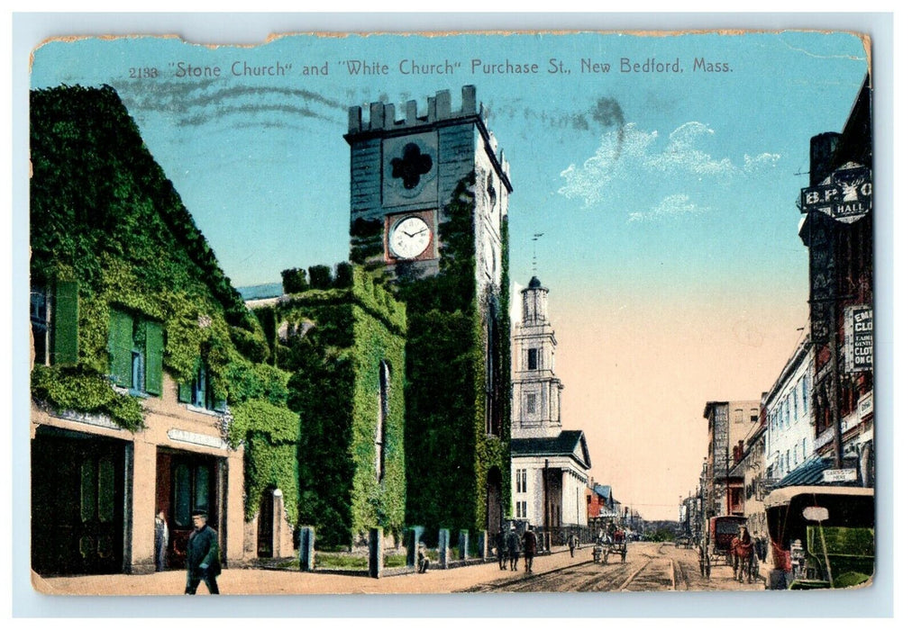 c1910 Stone Church And White Church Purchase St New Bedford MA Antique Postcard