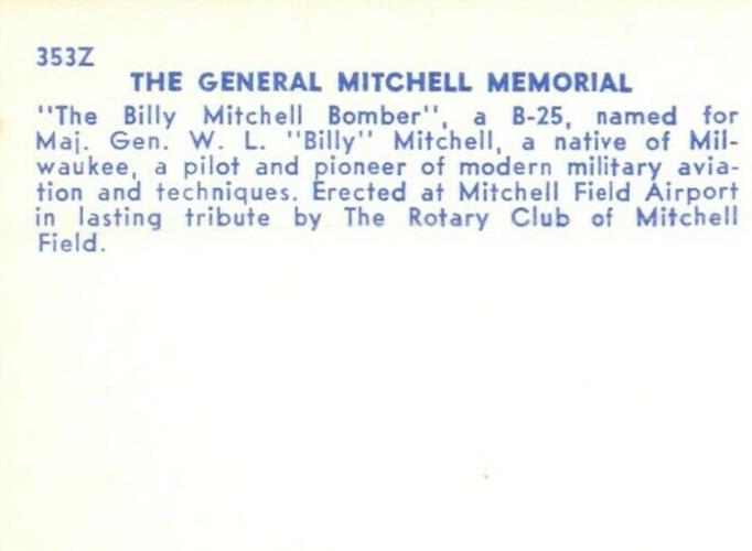 The General Billy Mitchell Memorial Native Pilot Milwaukee Wisconsin WI Postcard