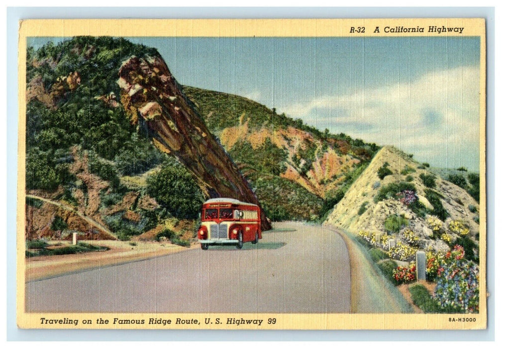 c1920's Traveling On Famous Ridge Route Bus, U.S California CA Highway Postcard