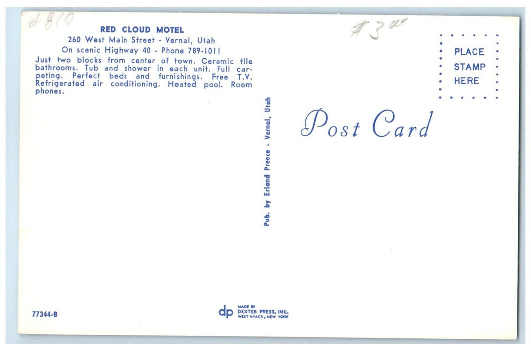 c1960's Red Cloud Motel Roadside Cars Swimming Pool Vernal Utah UT Postcard