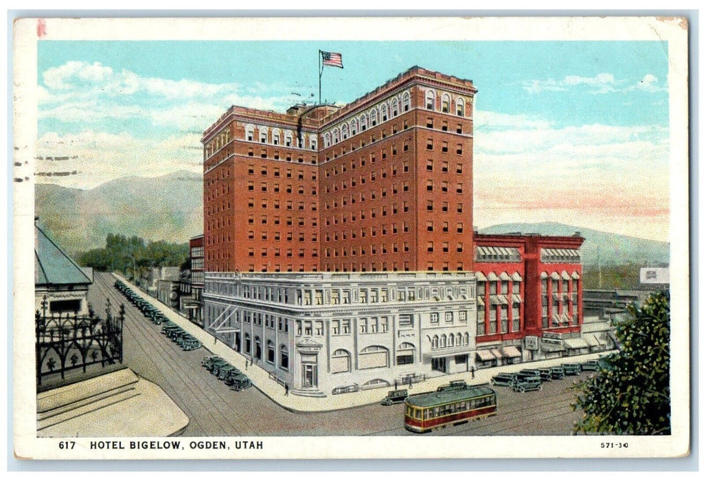 1939 Hotel Bigelow Building Trolley Cars Ogden Utah UT Posted Vintage Postcard