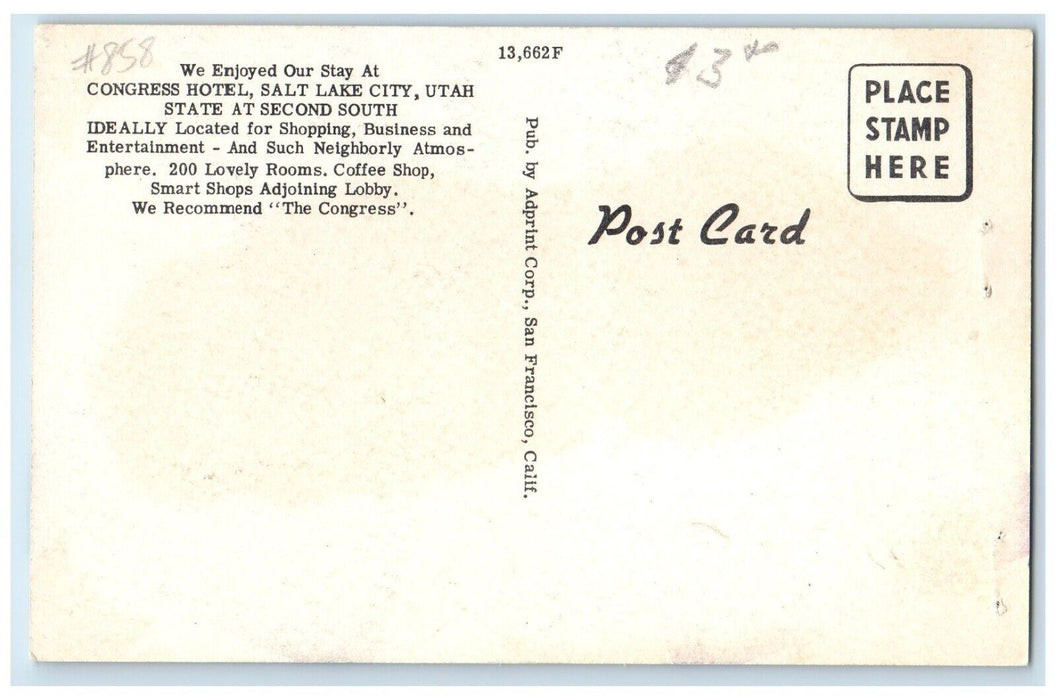 c1950's Congress Hotel Salt Lake City Utah UT, Lobby And Room View Postcard