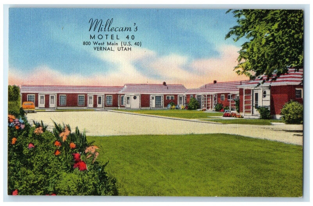 c1940's Millecam's Motel Car Exterior View Flowers Vernal Utah UT Postcard