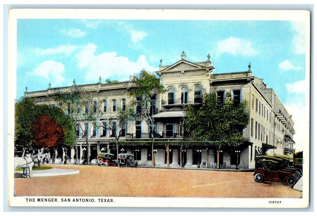 c1930's The Menger Building Cars Scene Street San Antonio Texas TX Postcard