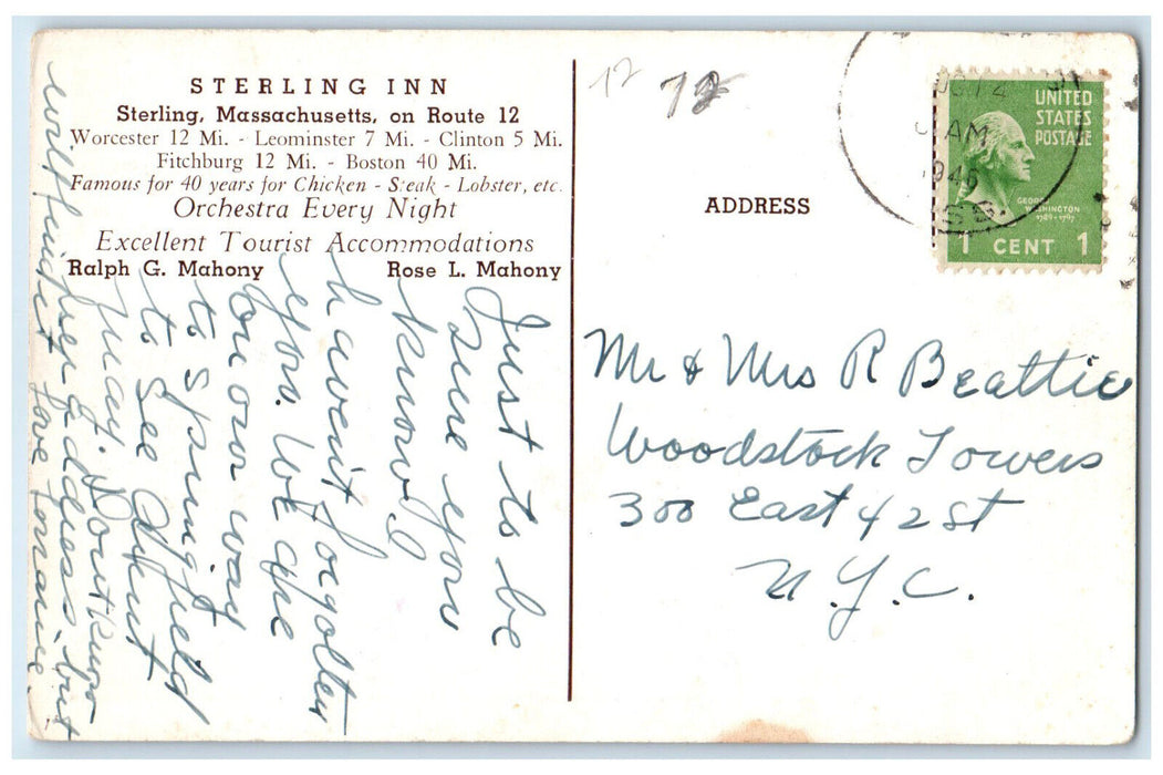 1946 View of Sterling Inn Sterling Massachusetts MA Vintage Posted Postcard