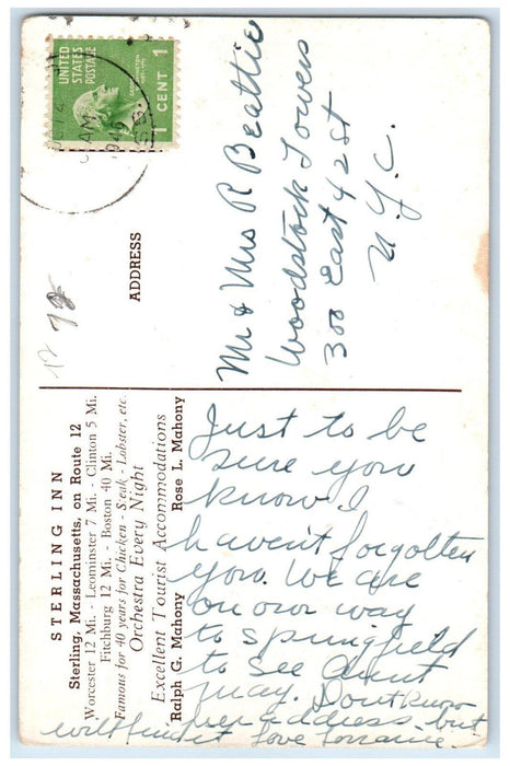 1946 View of Sterling Inn Sterling Massachusetts MA Vintage Posted Postcard