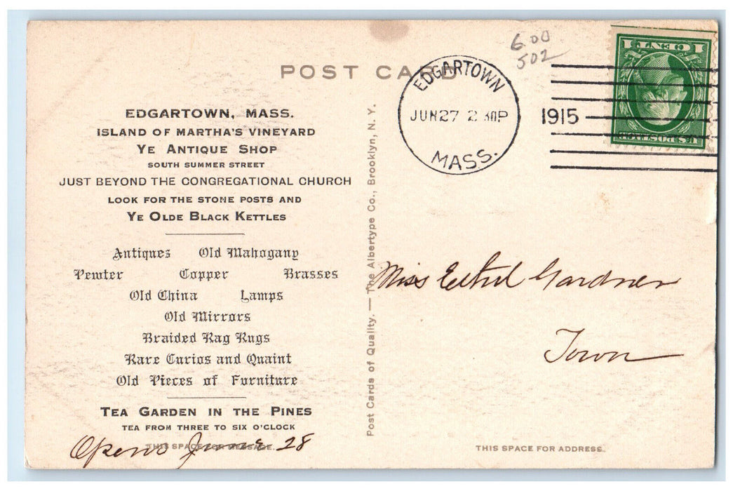 1915 Ye Antique Shop and Tea Garden Edgartown MA Advertising Postcard