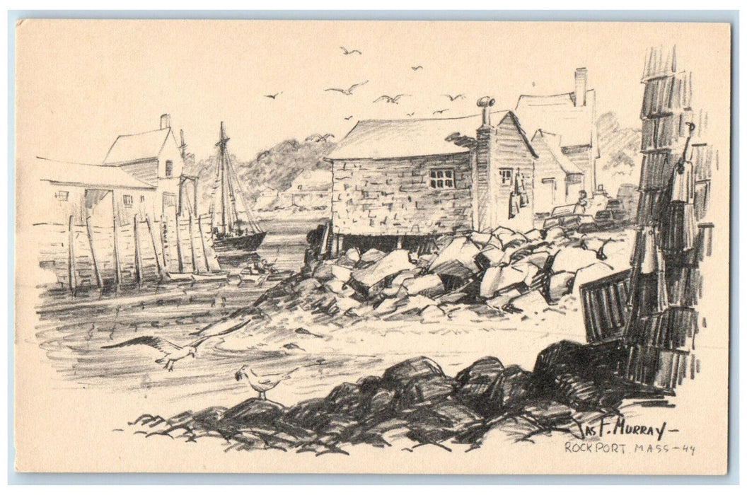 1955 Bird Home Boat River Murray Sketch Drawing Rockport MA Postcard