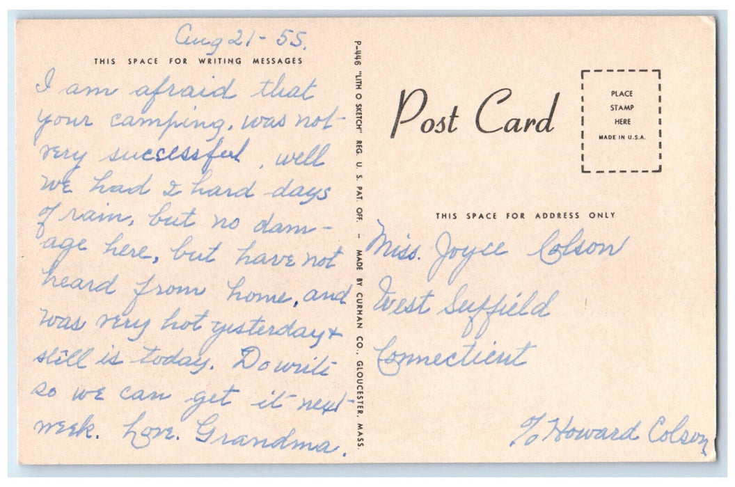 1955 Bird Home Boat River Murray Sketch Drawing Rockport MA Postcard