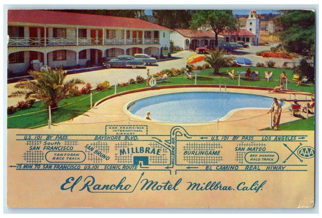 1955 El Rancho Motel And Swimming Pool Cars Millbrae California CA Postcard