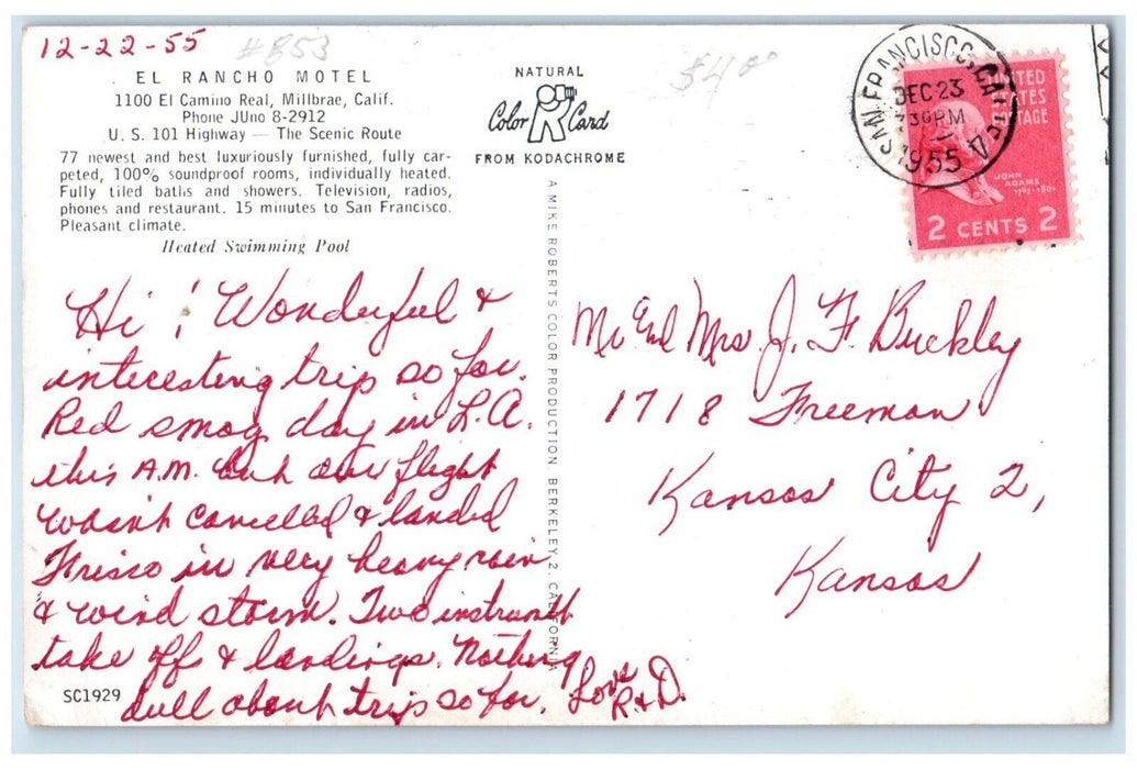 1955 El Rancho Motel And Swimming Pool Cars Millbrae California CA Postcard