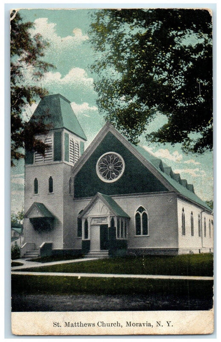 1910 Exterior View St Matthews Church Building Moravia New York Antique Postcard