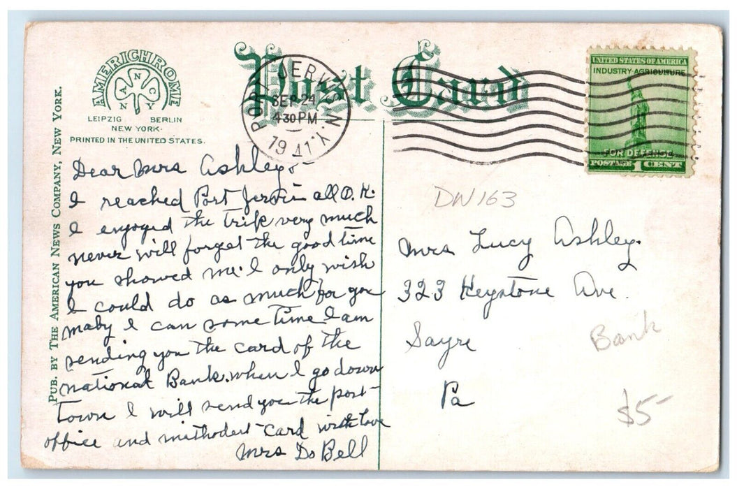 1941 Exterior View National Bank Port Jervis New York NY Posted Antique Postcard