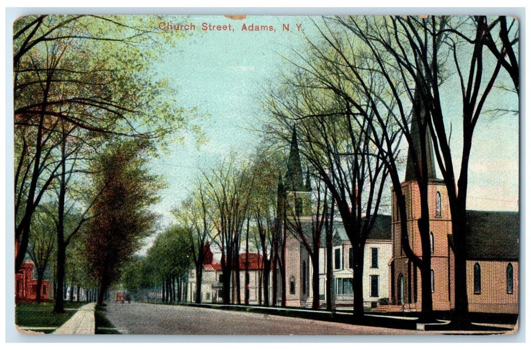 c1910 Scenic View Church Street Buildings Trees Adams New York Antique Postcard