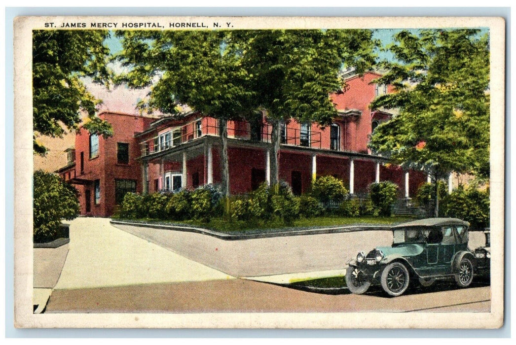 c1920 Exterior St James Mercy Hospital Classic Car Hornell New York NY Postcard