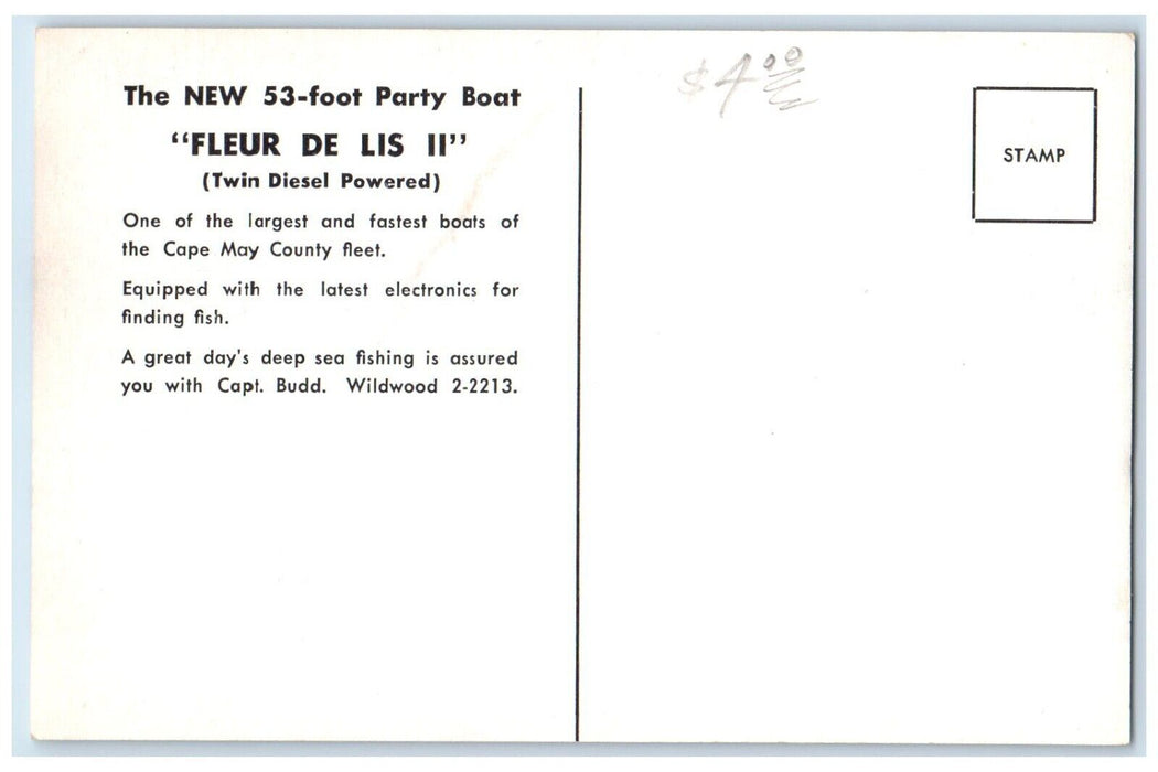 c1940 Party Boat Fleur De Lis II Twin Diesel Wildwood Crest New Jersey Postcard