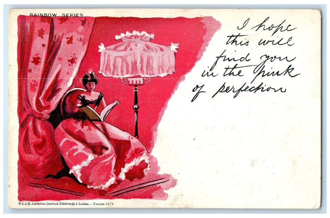 1904 Woman Pink Gown Reading Book Lamp Dundee Scotland Antique Postcard