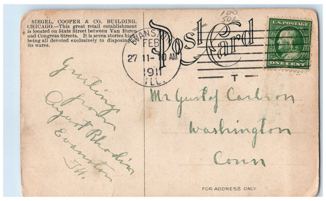 1911 Siegel Cooper & Building Chicago Illinois IL Antique Posted Postcard