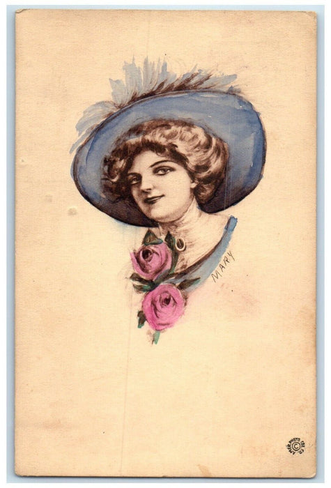 1911 Pretty Woman Roses Flowers Handpainted Hawthorn PA Antique Postcard