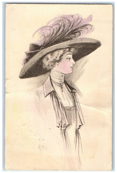 1911 Pretty Woman Big Hat Feather Handpainted Wilson Kansas KS Antique Postcard