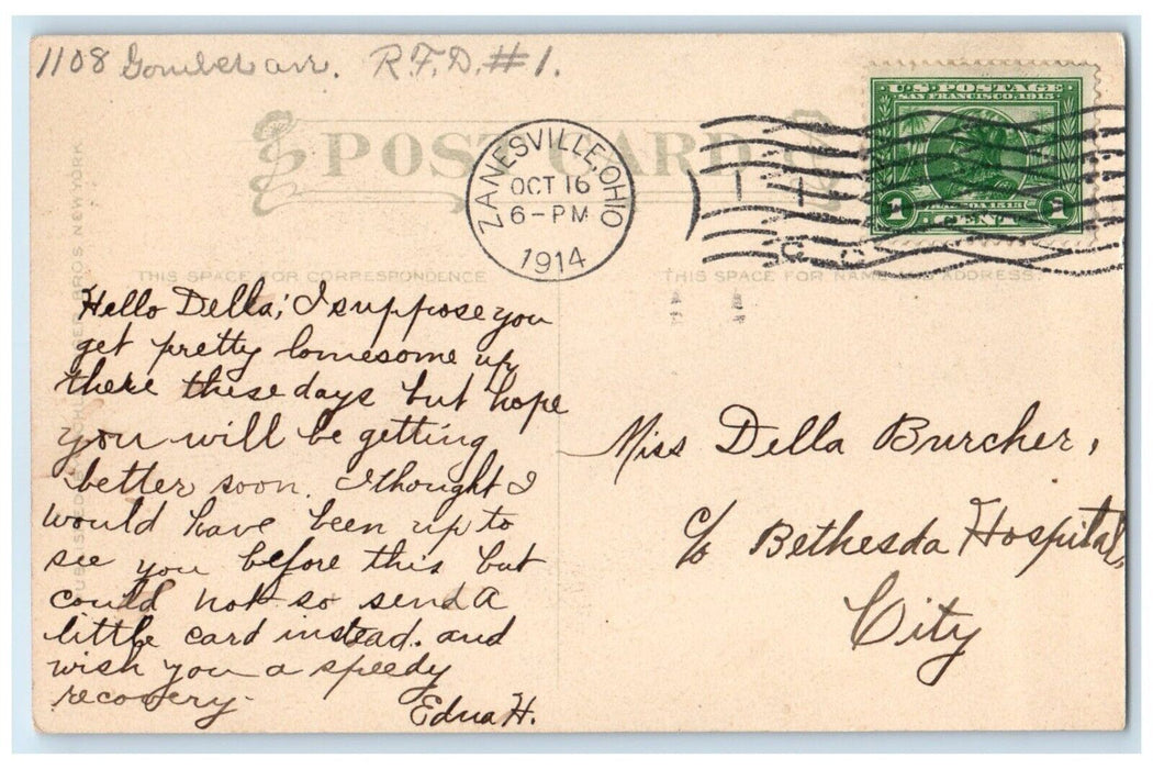 1914 Pretty Woman Curly Hair Flower Headband Butterfly Zanesville OH Postcard