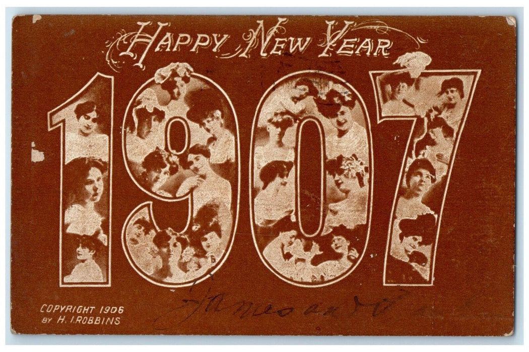 1907 Happy New Year Large Numbers Boston Massachusetts MA Antique Postcard