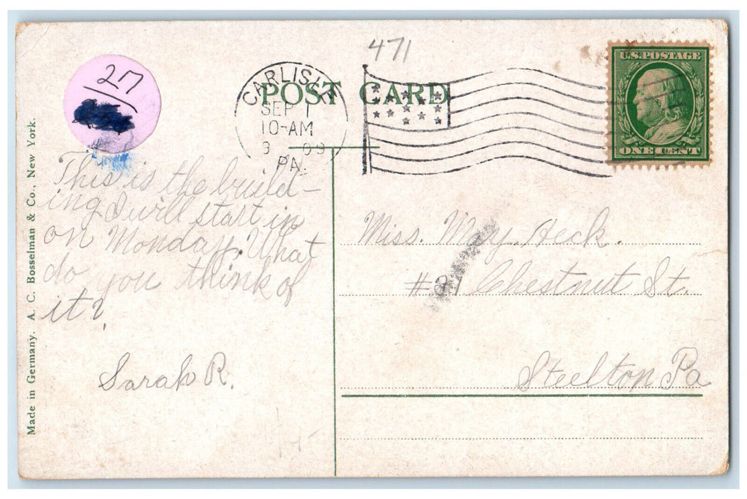 1909 Wilson School Carlisle Pennsylvania PA Antique Posted Postcard
