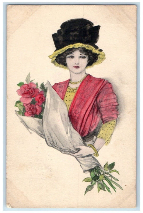 1911 Pretty Woman Big Hat Flowers Bouquet Kittanning Pennsylvania PA Postcard