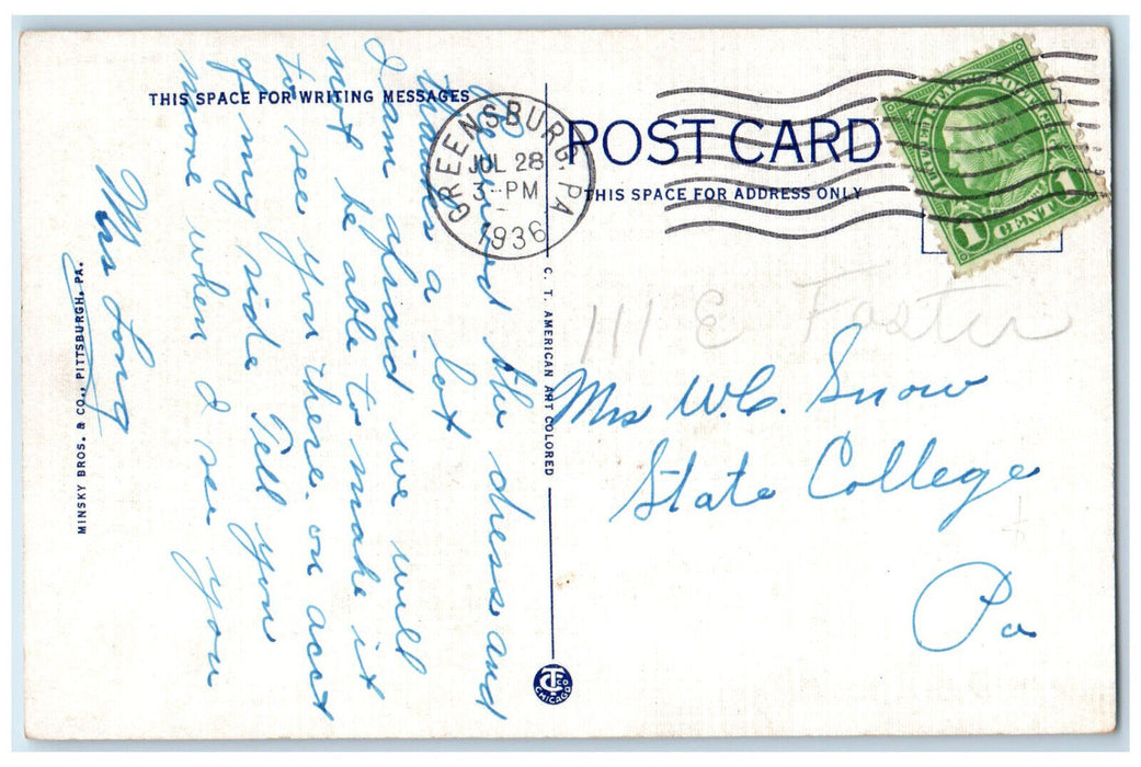 1936 High School Greensburg Pennsylvania PA Vintage Posted Postcard