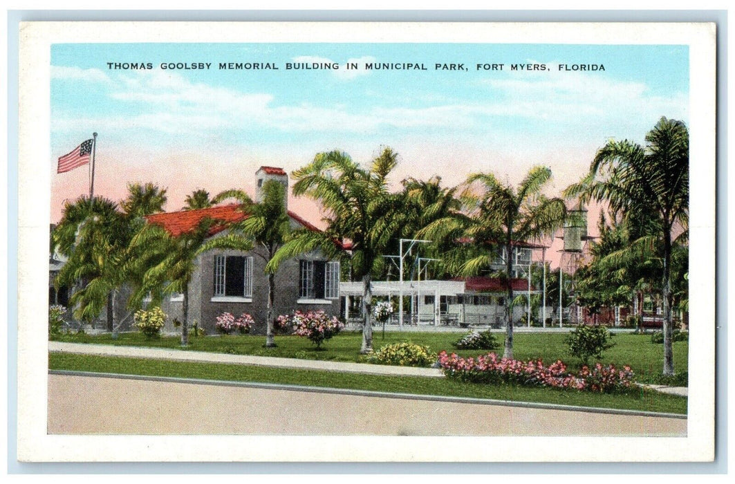 1920 Thomas Goolsby Memorial Building Municipal Park Fort Myers Florida Postcard