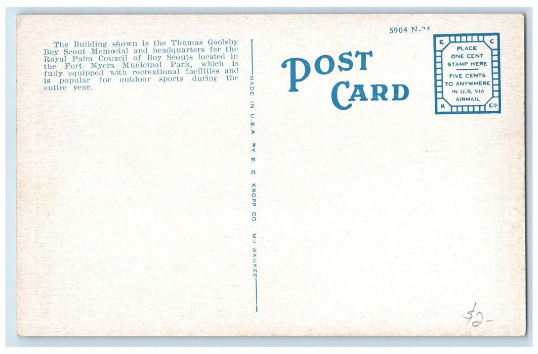 1920 Thomas Goolsby Memorial Building Municipal Park Fort Myers Florida Postcard