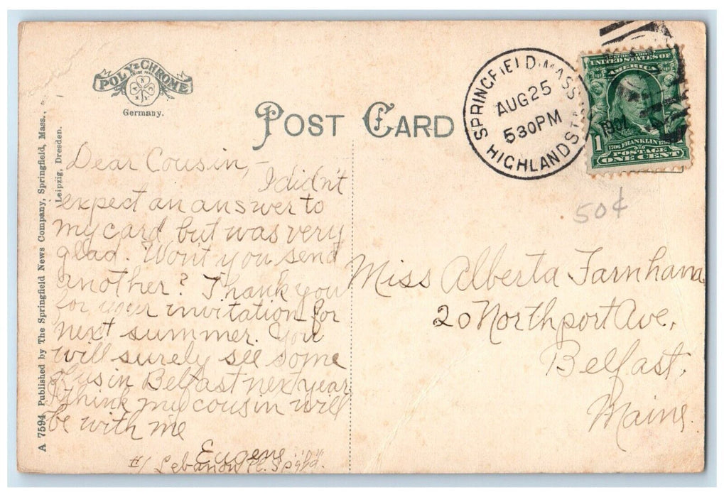 1907 On The Agawam River Lake Canoe Boat Springfield Massachusetts MA Postcard