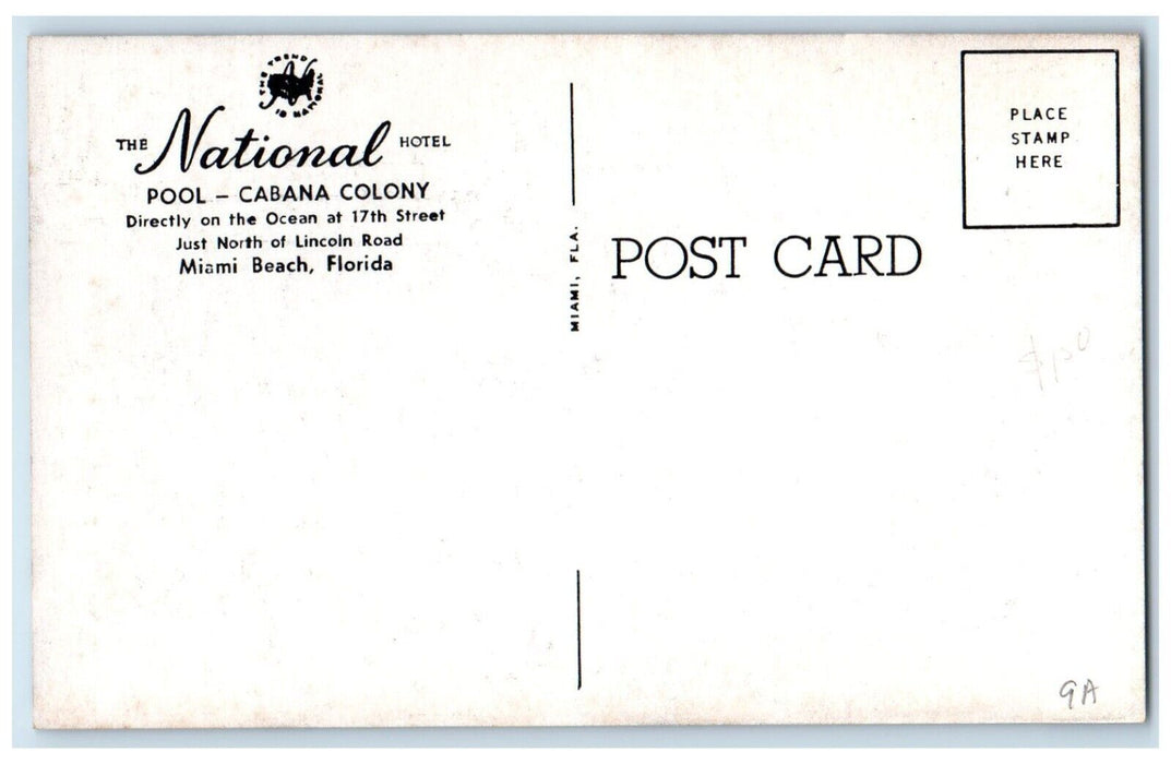 c1940 National Hotel Pool Cabana Colony Exterior Miami Beach Florida FL Postcard