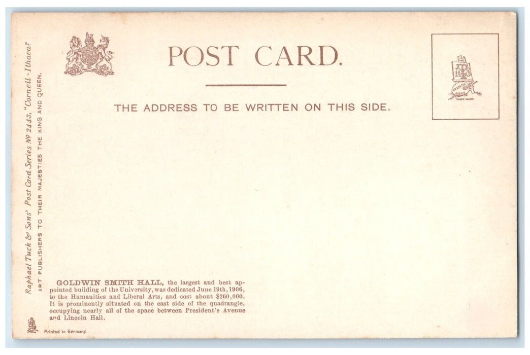 1905 Goldwin Smith Hall Cornell University Raphael Tuck & Sons New York Postcard