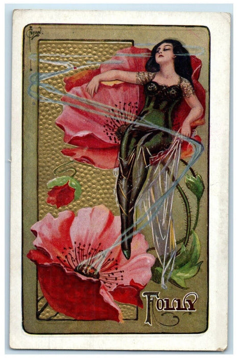 c1910's Woman In Flowers Folly Embossed Unposted Antique Postcard