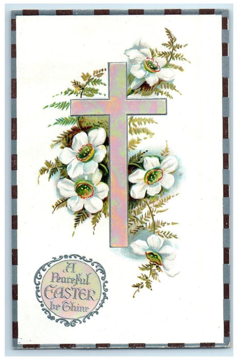 c1910's Easter Holy Crosss White Flowers Pearl Embossed Posted Antique Postcard