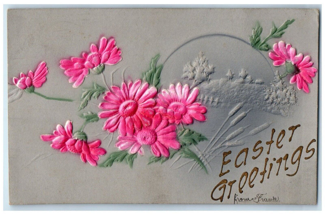 c1910's Easter Greetings Pink Flowers Airbrushed Chicago Illinois IL Postcard