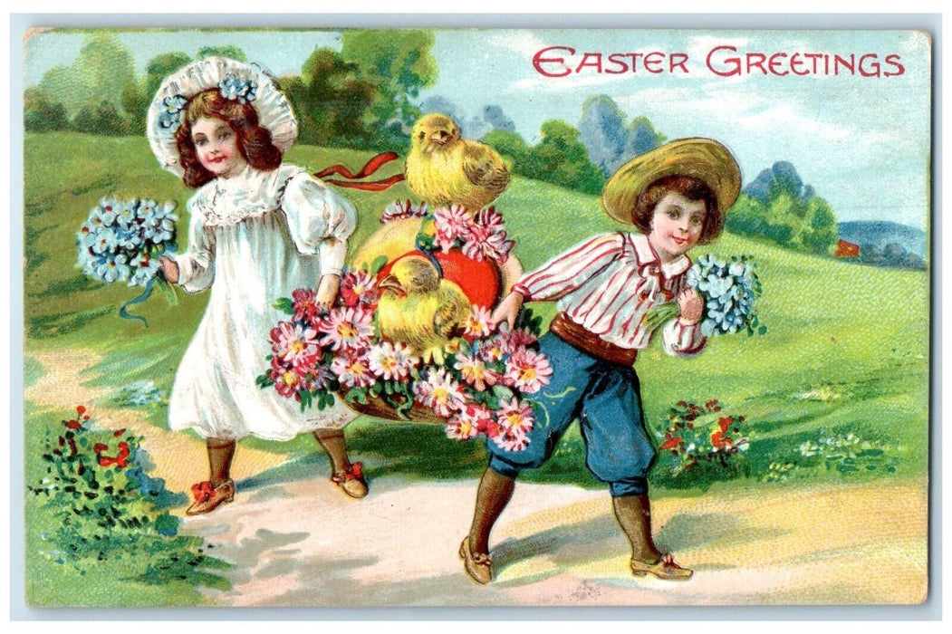 c1910's Easter Greetings Children With Flowers And Chicks In Basket Postcard