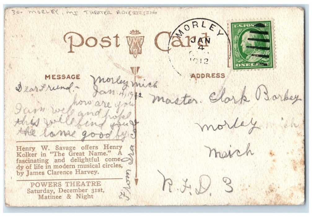 1912 Henry Kolker In The Great Name Theater Advertising Morley MI Postcard