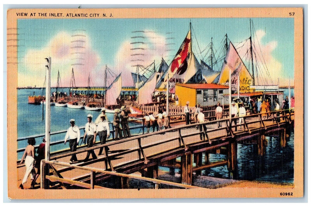 1948 View At The Inlet Harbor Bridge Sailboat officers Atlantic City NJ Postcard