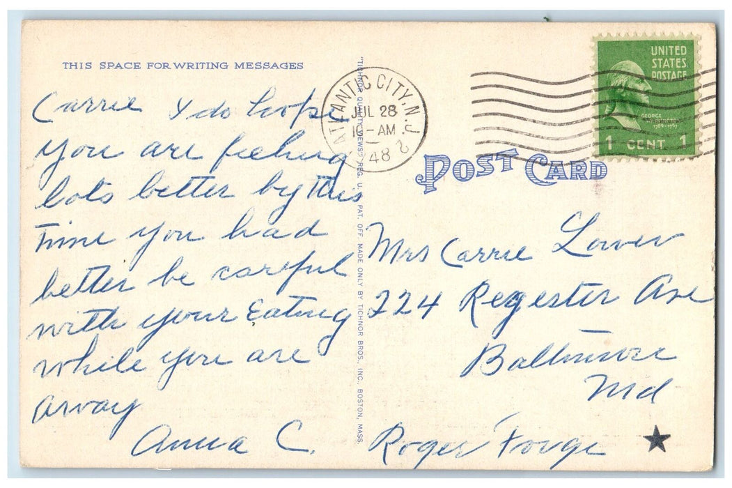 1948 View At The Inlet Harbor Bridge Sailboat officers Atlantic City NJ Postcard
