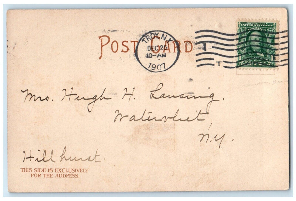 1907 Christmas Religious Pine Leaf Troy New York NY Posted Antique Postcard