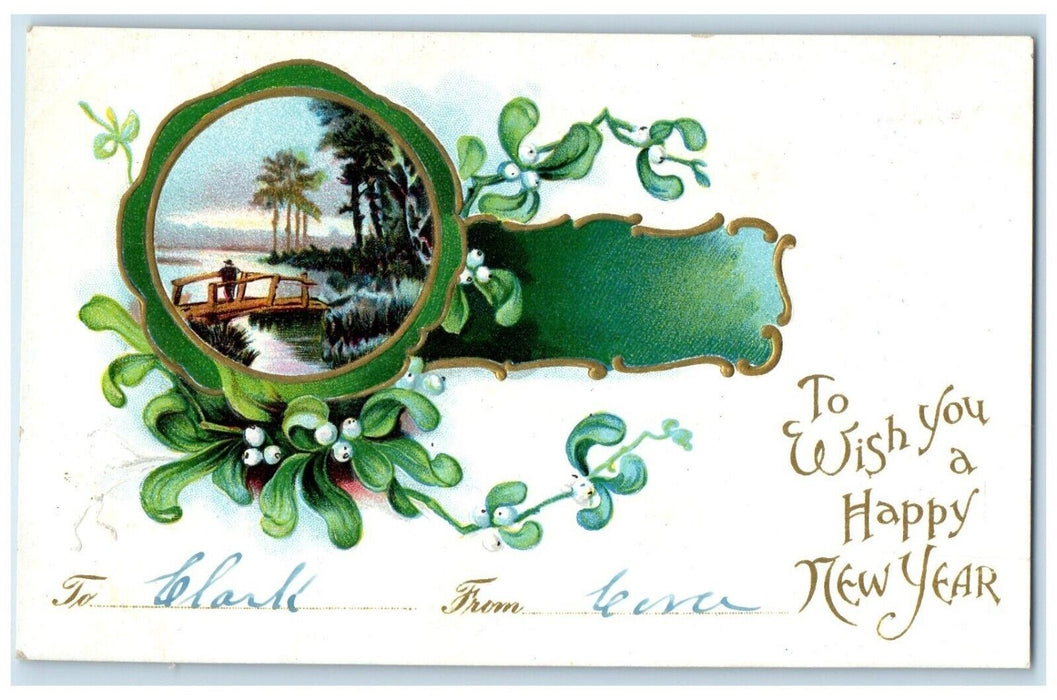 c1910's New Year Mistletoe Bridge River Scene Embossed Clapsaddle Postcard