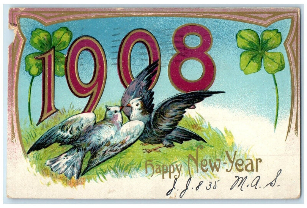 1908 Happy New Year Birds Shamrock Embossed Fort Wayne IN Embossed Postcard